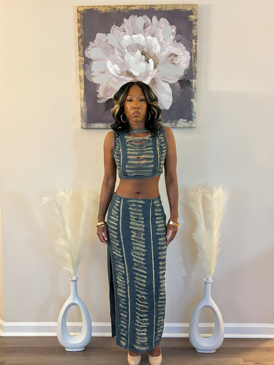 All Mine Ripped Denim Tank Top and Skirt Set