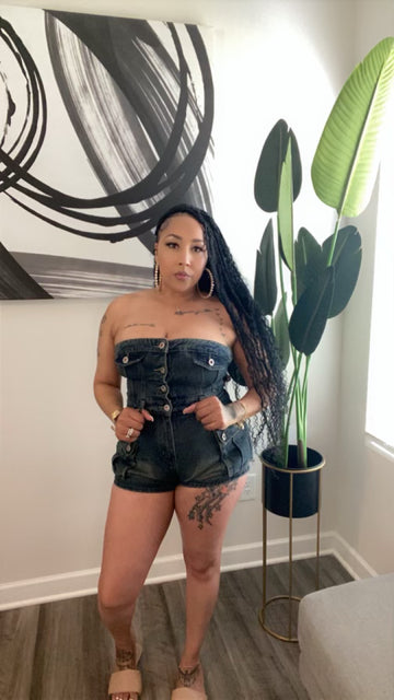 So Fly Strapless Denim Romper